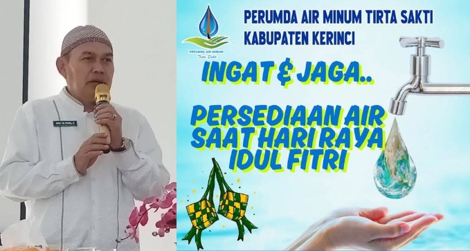 Kolase foto Dirut Perumda Tirta Sakti, Andi Tri Putra dan Banner Imbauan.