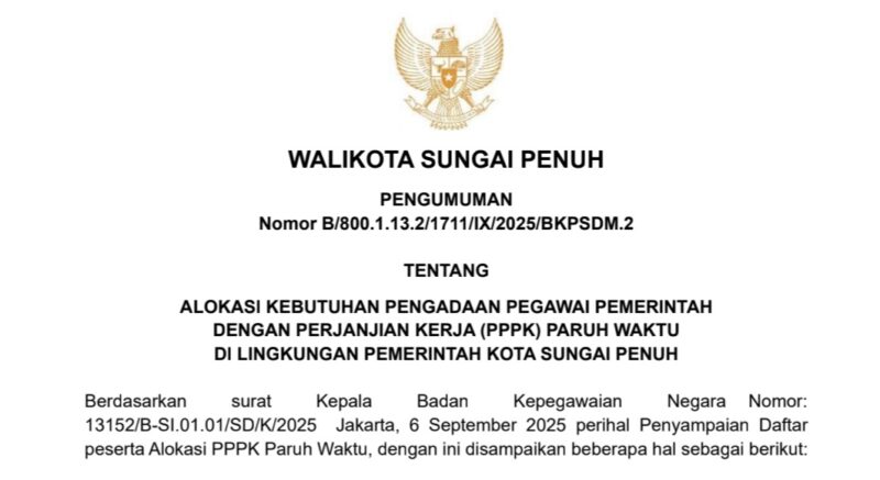1.540 PPPK Paruh Waktu Kota Sungai Penuh Dinyatakan Lulus Seleksi