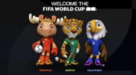 Maskot Piala Dunia 2026 (kiri-kanan) Maple si si Rusa dari Kanada, Zayu si Jaguar dari Meksiko, dan Clutch si Elang Botak dari Amerika Serikat  (Foto: ANTARA/Xinhua/FIFA)