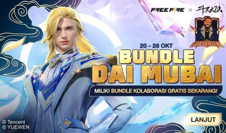 Bundle kolaborasi eksklusif Dai Mubai dari Soul Land kini bisa didapatkan secara gratis di Free Fire melalui event terbatas. (Sumber: Garena/Dunia Games)
