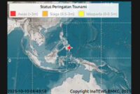 Peringatan dini tsunami yang terjadi di Laut Filipina, Kepulauan Talaud, Sulawesi Utara akibat dampak gempa M 7,6 pada Jumat (10/10/2025) pukul 08.49 WIB.(Foto: BMKG)