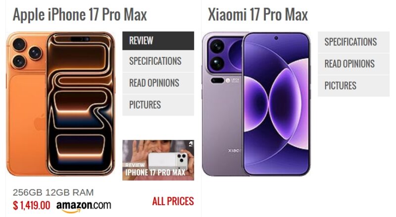 Xiaomi 17 Pro Max (kanan) hadir menantang dominasi Apple iPhone 17 Pro Max (kiri) dengan spesifikasi yang sangat agresif. (Sumber: GSMArena)
