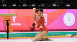 Salsabila saat tampil di arena Floor Exercise di Kejuaraan dunia Gimnastik (Foto: RRI/Kharismarizki)