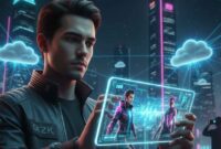 Seorang pria mencoba pengalaman bermain gim berbasis cloud dengan integrasi antarmuka holografik di sebuah kota futuristik.  (britainaja.com via AI Generative)