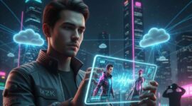 Seorang pria mencoba pengalaman bermain gim berbasis cloud dengan integrasi antarmuka holografik di sebuah kota futuristik.  (britainaja.com via AI Generative)