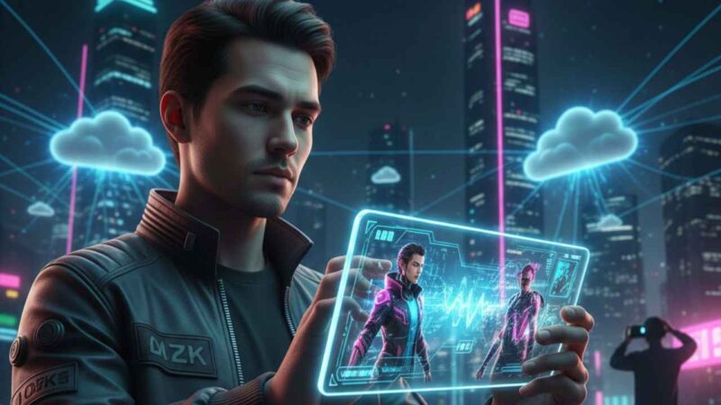 Seorang pria mencoba pengalaman bermain gim berbasis cloud dengan integrasi antarmuka holografik di sebuah kota futuristik.  (britainaja.com via AI Generative)