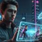 Seorang pria mencoba pengalaman bermain gim berbasis cloud dengan integrasi antarmuka holografik di sebuah kota futuristik.  (britainaja.com via AI Generative)