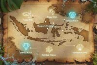 Sebuah peta Indonesia yang artistik, menyoroti lokasi-lokasi tersembunyi dengan ikon kecil yang menarik, dikelilingi oleh elemen alam seperti daun tropis dan percikan air laut, dengan nuansa warna yang hangat dan mengundang petualangan. (Foto: gemini/ britainaja.com)