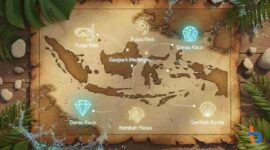Sebuah peta Indonesia yang artistik, menyoroti lokasi-lokasi tersembunyi dengan ikon kecil yang menarik, dikelilingi oleh elemen alam seperti daun tropis dan percikan air laut, dengan nuansa warna yang hangat dan mengundang petualangan. (Foto: gemini/ britainaja.com)