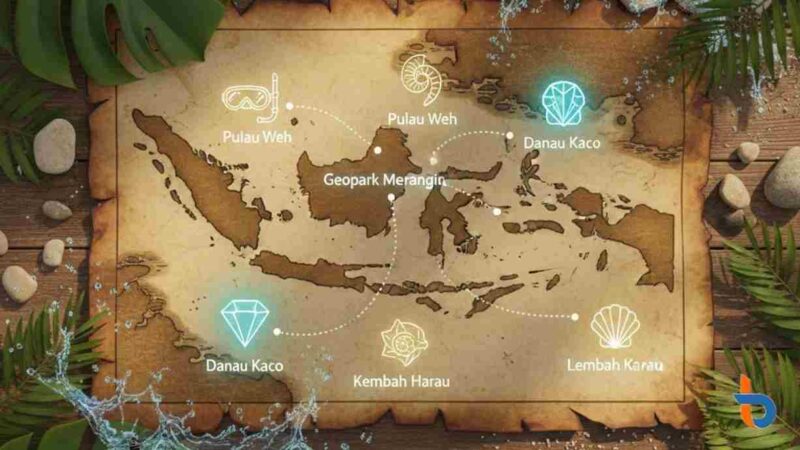 Sebuah peta Indonesia yang artistik, menyoroti lokasi-lokasi tersembunyi dengan ikon kecil yang menarik, dikelilingi oleh elemen alam seperti daun tropis dan percikan air laut, dengan nuansa warna yang hangat dan mengundang petualangan. (Foto: gemini/ britainaja.com)