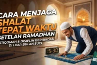 Cara Menjaga Shalat Tepat Waktu Setelah Ramadhan. Ilustrasi Gemini AI