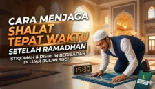 Cara Menjaga Shalat Tepat Waktu Setelah Ramadhan. Ilustrasi Gemini AI
