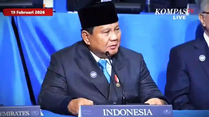Presiden RI Prabowo Subianto saat memberikan pidato di rapat perdana Board of Peace (BoP) Charter di Washington, DC, Amerika Serikat pada Kamis (19/2/2026). (Tangkap layar YouTube KompasTV)