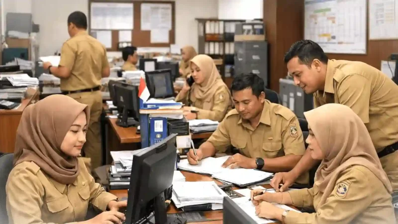 Aktivitas pegawai honorer di kantor pemerintah, Ribuan PPPK terancam PHK massal akibat pembatasan belanja pegawai dalam aturan UU HKPD. (Pojoksatu.id)
