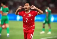 Selebrasi Beckham Putra Nugraha saat bawa Indonesia menang lawan Saint Kitts and Nevis. (CNNIndonesia)