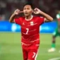 Selebrasi Beckham Putra Nugraha saat bawa Indonesia menang lawan Saint Kitts and Nevis. (CNNIndonesia)