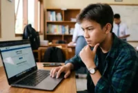 Ilustrasi seorang siswa yang sedang menatap layar laptop dengan ekspresi fokus. Gemini AI