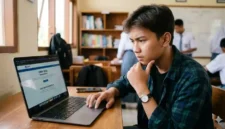 Ilustrasi seorang siswa yang sedang menatap layar laptop dengan ekspresi fokus. Gemini AI