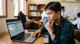 Ilustrasi seorang siswa yang sedang menatap layar laptop dengan ekspresi fokus. Gemini AI