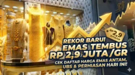 Ilustrasi - Tumpukan emas batangan Antam dan grafik harga emas naik.