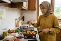 Ilustrasi Ibu-ibu Sedang Memasak. Gemini AI