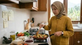 Ilustrasi Ibu-ibu Sedang Memasak. Gemini AI