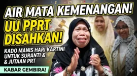 Pekerja rumah tangga (PRT) bernama Suranti menangis saat menyaksikan UU PPRT disahkan di Gedung DPR, Senayan, Jakarta, Selasa (21/4/2026). (KOMPAS.com)