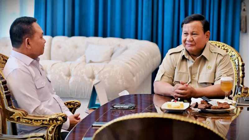 Presiden Prabowo Subianto dan Penasihat Khusus Presiden Bidang Pertahanan Nasional Jenderal TNI (Purn) Dudung Abdurachman di Istana Merdeka, Jakarta Pusat, pada Selasa (21/4). (Foto: dokumentasi Biro Pers Istana)