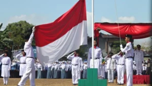 Ilustrasi bendera Indonesia, nasionalisme, upacara bendera. 