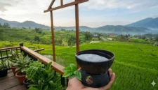 Ilustrasi - Sajian Minuman Kawa Daun di Batok Kelapa Khas Sumatera Barat.