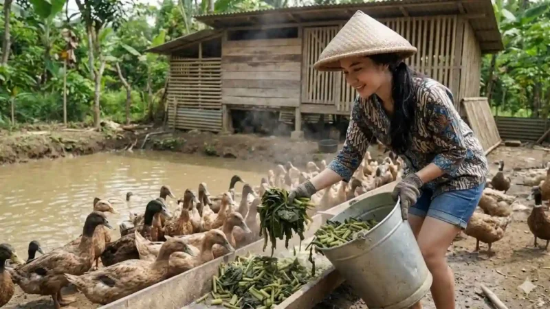 Ilustrasi - Peternak Bebek Sedang Memberikan Makan Bebek.