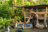 Seseorang sedang memberikan makan entok. Cara Sukses Ternak Entok Semi Umbaran untuk Pemula.