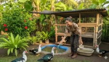 Seseorang sedang memberikan makan entok. Cara Sukses Ternak Entok Semi Umbaran untuk Pemula.