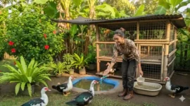 Seseorang sedang memberikan makan entok. Cara Sukses Ternak Entok Semi Umbaran untuk Pemula.