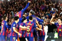 Selebrasi Barcelona usai dipastikan menjadi juara La Liga 2025/2026. (c) AP Photo/Joan Monfort.