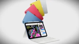iPad generasi ke-11 (2025) hadir dalam varian silver, biru, merah muda, dan kuning. (Apple)