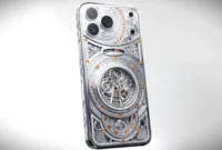 Model Portugieser yang dibuat untuk jam tangan IWC Portugieser Tourbillon Mystère Squelette. Casing ponsel ini dihiasi emas putih, ukiran tangan, berlian putih, dan safir oranye yang disesuaikan dengan desain tourbillon pada jam tangan tersebut.(Gizmochina)