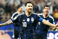 Penyerang Argentina Lionel Messi, merayakan gol ketiganya saat pertandingan Grup J Piala Dunia 2026 antara Yordania dan Argentina di Stadion Dallas, Arlington, Minggu (28/6/2026) siang WIB.(PAUL ELLIS/AFP)