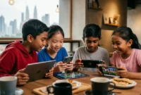 Ilustrasi anak-anak sedang bermain gadget. Gemini