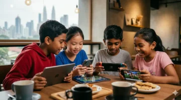 Ilustrasi anak-anak sedang bermain gadget. Gemini