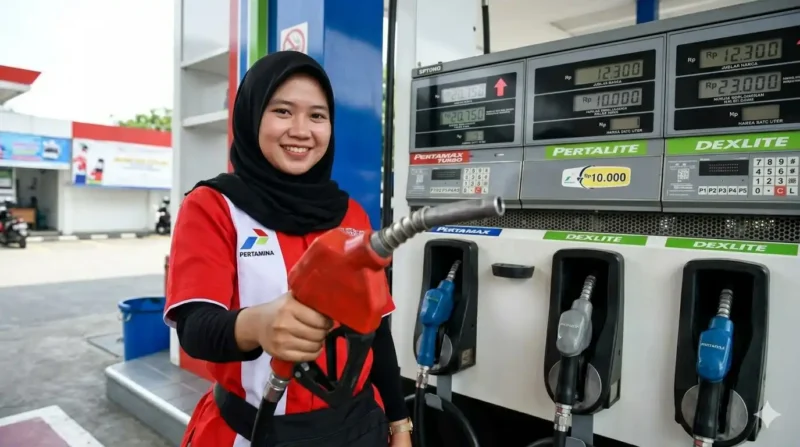 Ilsutrasi Petugas sedang Melakukan pengisian BBM di SPBU Pertamina.