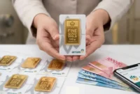 Pedagang Memperlihatkan Emas Batangan Produksi PT Aneka Tambang (Antam).