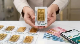 Pedagang Memperlihatkan Emas Batangan Produksi PT Aneka Tambang (Antam).