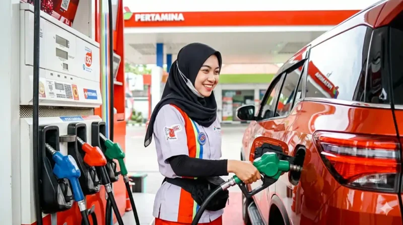 Petugas SPBU Sedang melakukan Pengisian BBM ke Mobil.