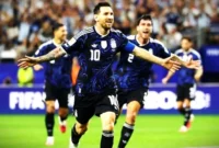 Selebrasi Lionel Messi usai cetak gol ke gawang Yordania. (REUTERS/Hannah McKay)