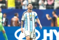 Lionel Messi bereaksi dalam pertandingan babak 16 besar antara Argentina dan Mesir pada Piala Dunia 2026 di Stadion Atlanta, Atlanta, Amerika Serikat, 7 Juli 2026.(XinHua/Huang Zongzhi)