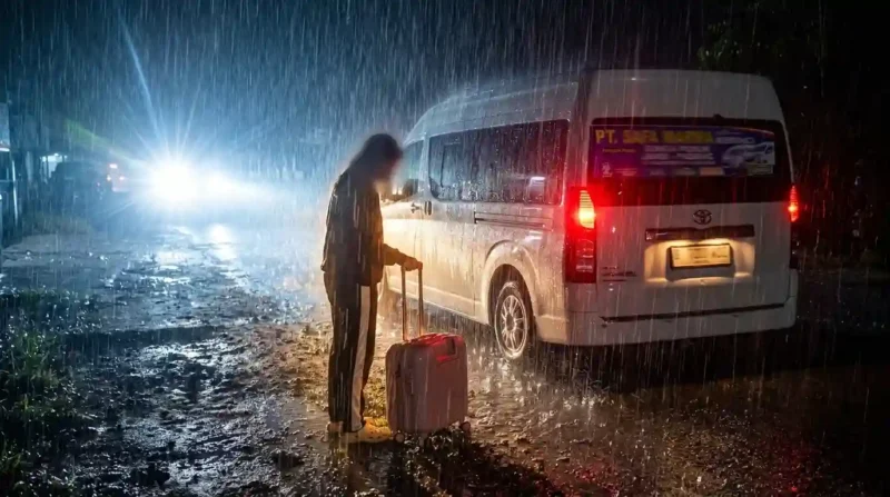 Ilustrasi - Travel SM Turunkan Penumpang Perempuan di Tepi Jalan Saat Hujan.