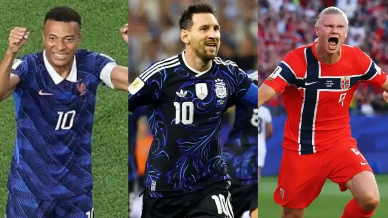 Kolase - Daftar Top Skor Piala Dunia 2026, Kylian Mbappe, Lionel Messi, dan Erling Haaland.