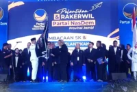 Pelantikan pengurus DPW NasDem Provinsi Jambi periode 2026-2031 di Ratu Convention Center (RCC)Sabtu (8/8/2026). Syarif Fasha yang juga anggota DPR RI dilantik menjadi Ketua DPW NasDem Provinsi Jambi. (Foto: Tribunjambi)