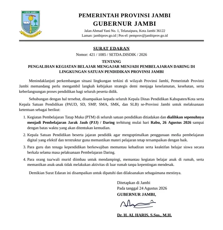 Surat Edaran Belajar Daring Gubernur Jambi Hoaks. ist